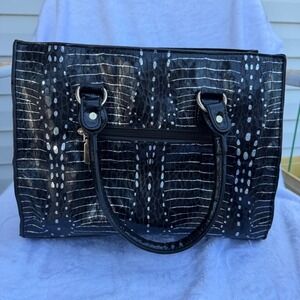 Black Patent Faux Leather Satchel Handbag Silver Metallic Pattern Top Handle Bag